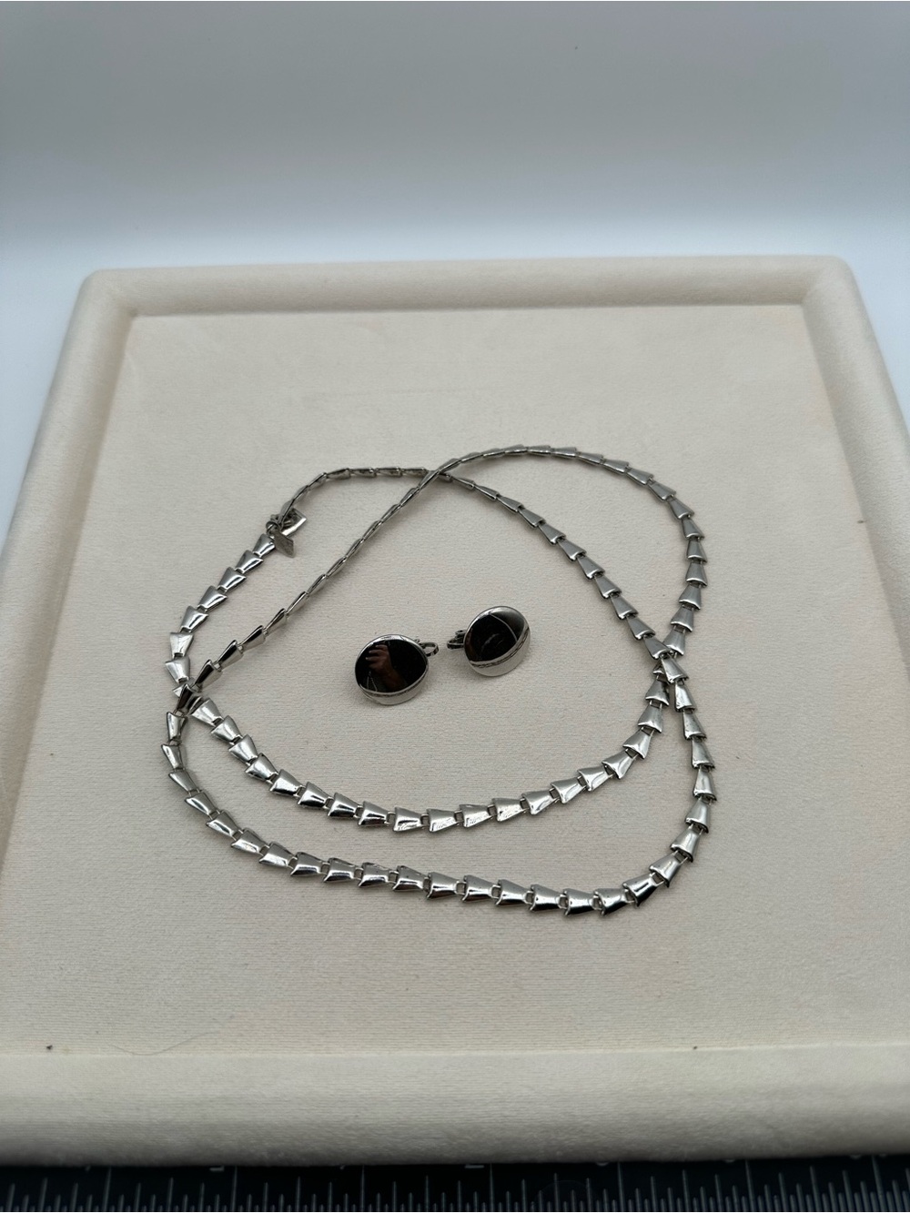 Vintage Silver Tone Geometric Link Long Necklace Clip On Earrings Jewelry Set